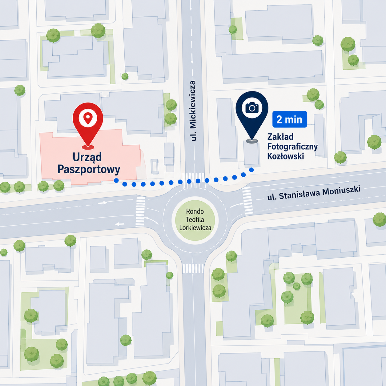 Mapa lokalizacji Zakładu Fotograficznego Kozłowski względem Urzędu Paszportowego